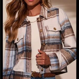 Vici Plaid Jean Jacket in Brown and Blue